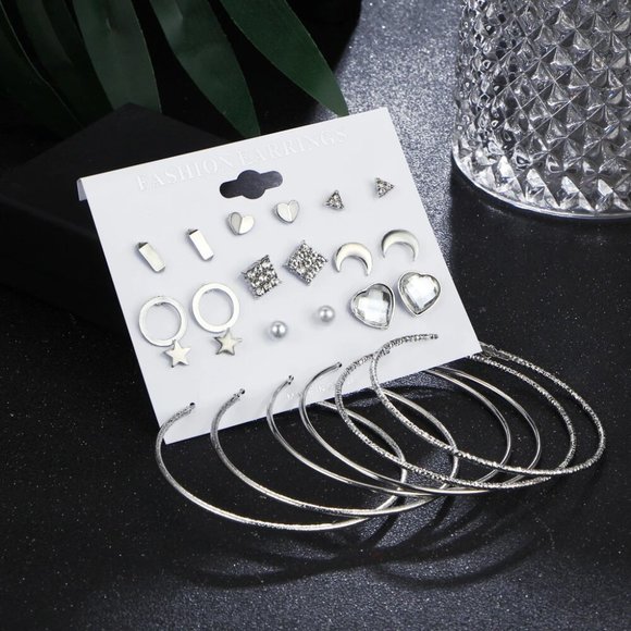 ❤️12 Pair NWT Silver Geometric Crystal Heart Heart Stud Earring Set Mix, F272 - Picture 3 of 6
